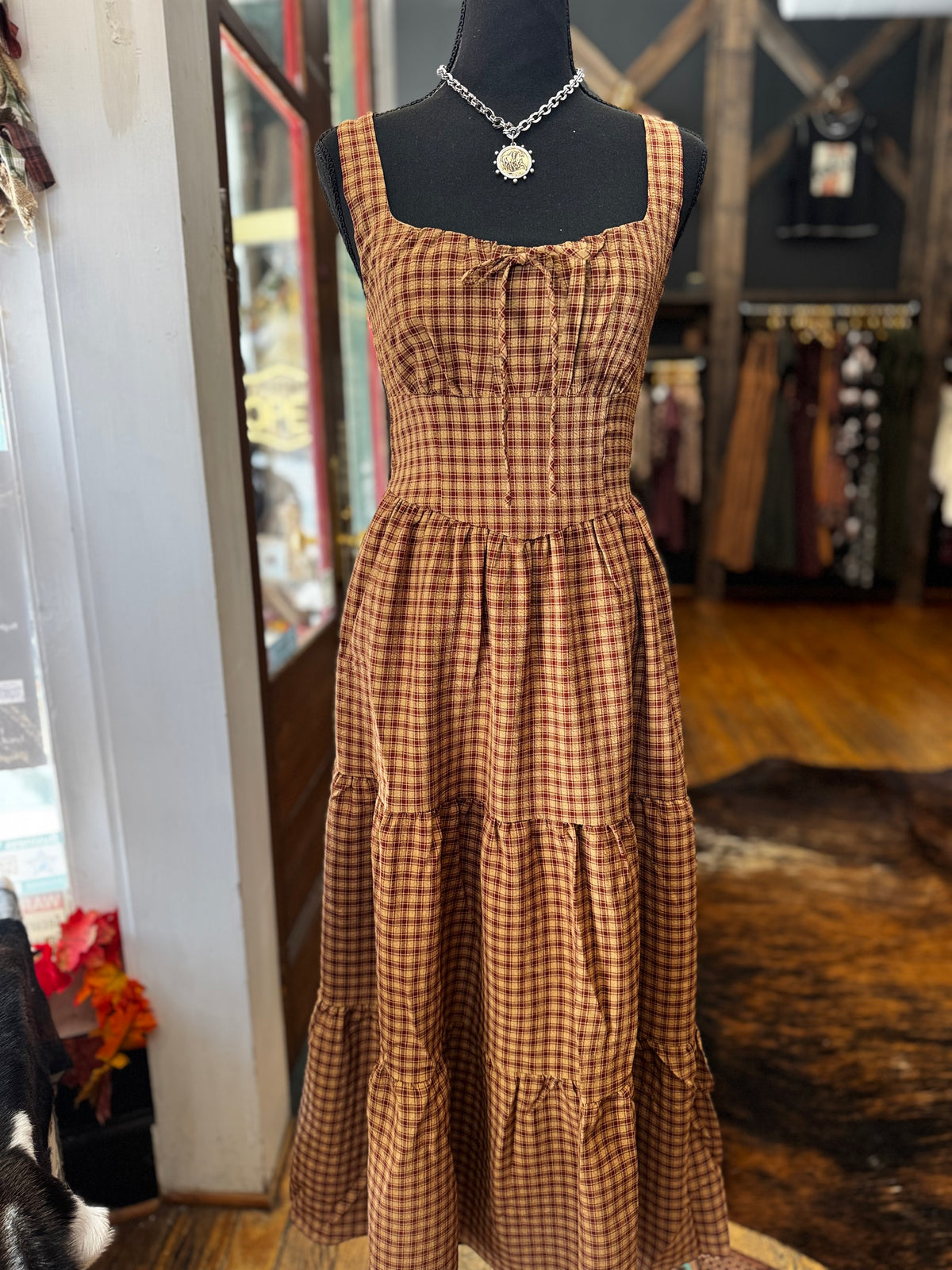 Primitive Charm – Camel/Red Midi Dress