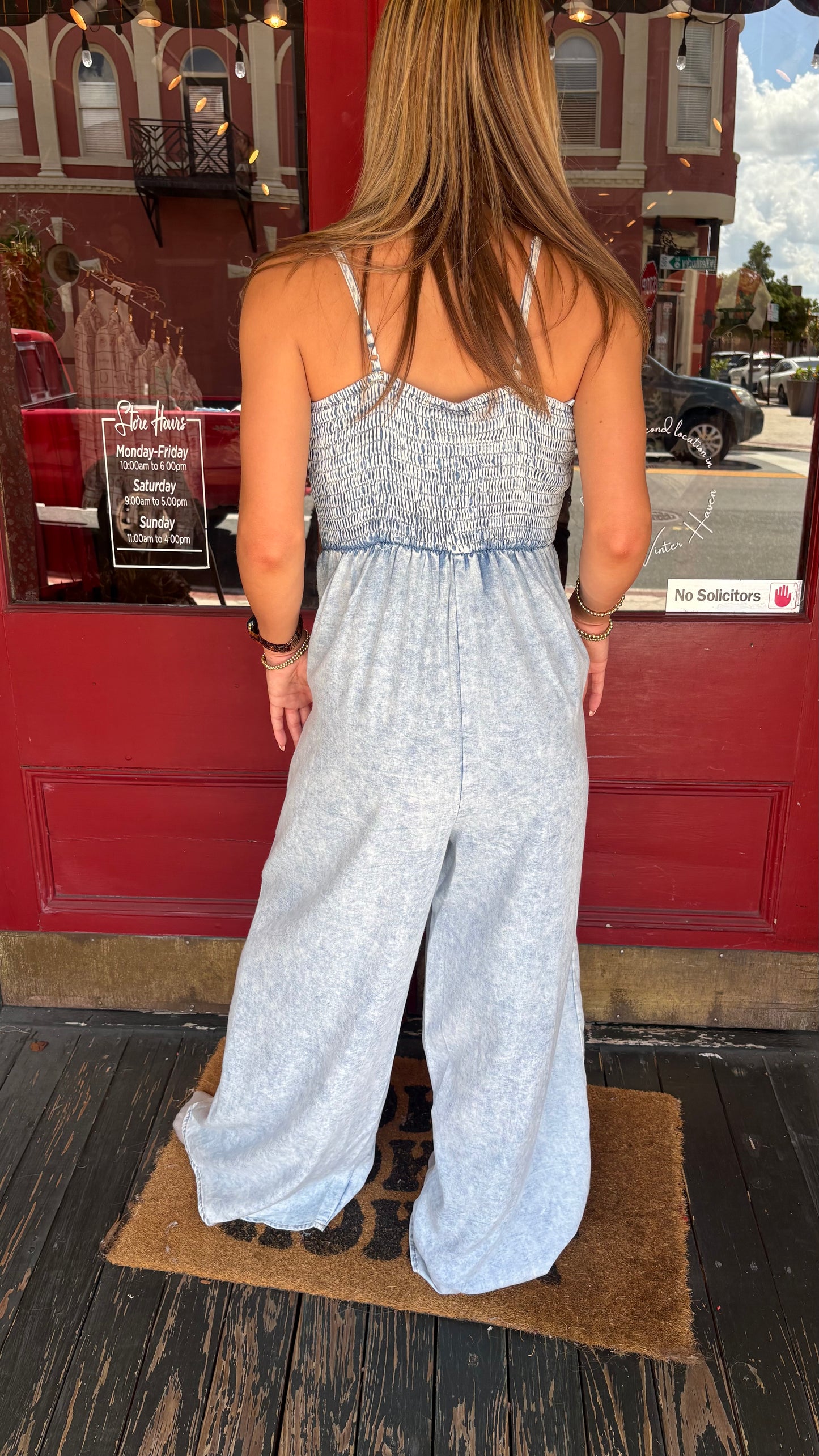 Whiskey Sky – Denim Smocked Jumpsuit