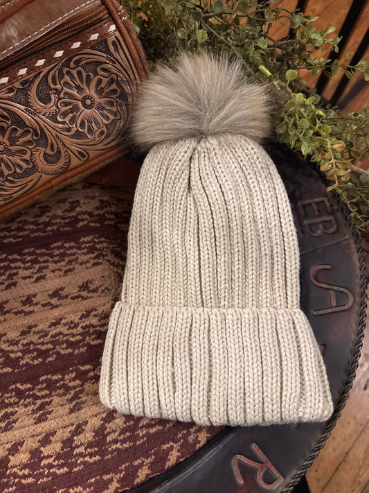 Ribbed Knitted Pom Pom Beanie - Tan *Door Buster*