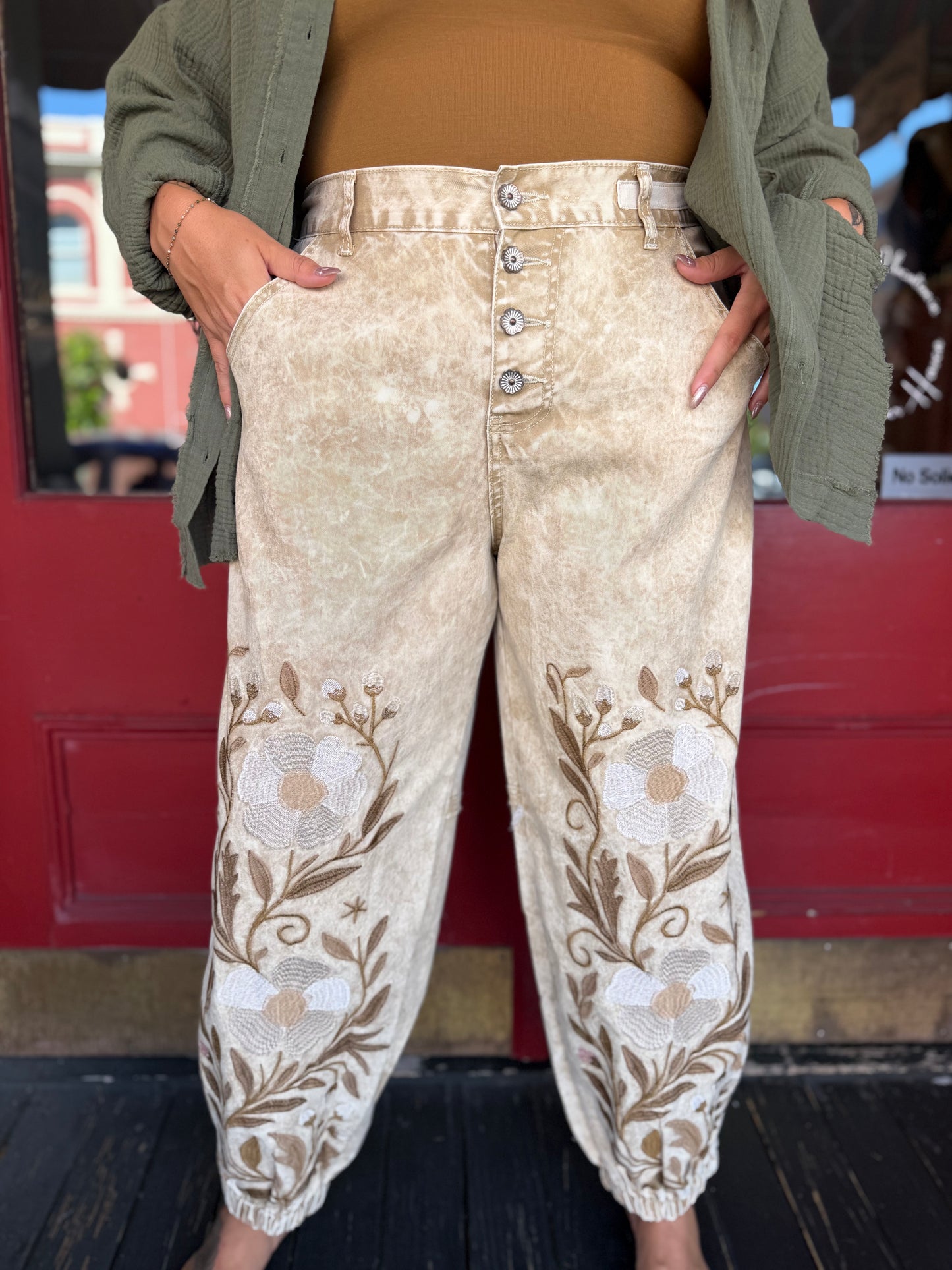 Rooted & Free – Sand Embroidered Jogger Pants