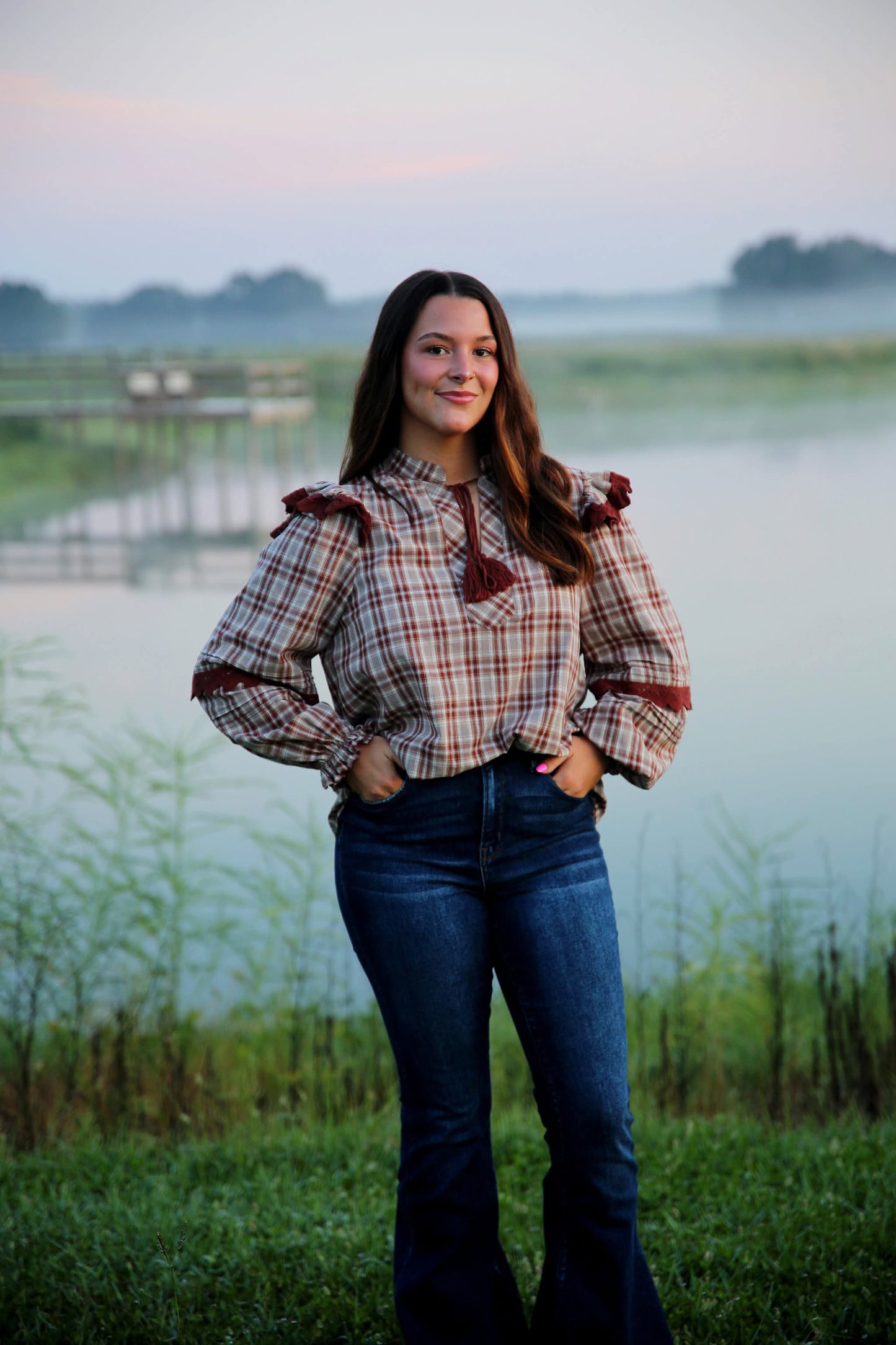 Cranberry Season – Brick Plaid Top