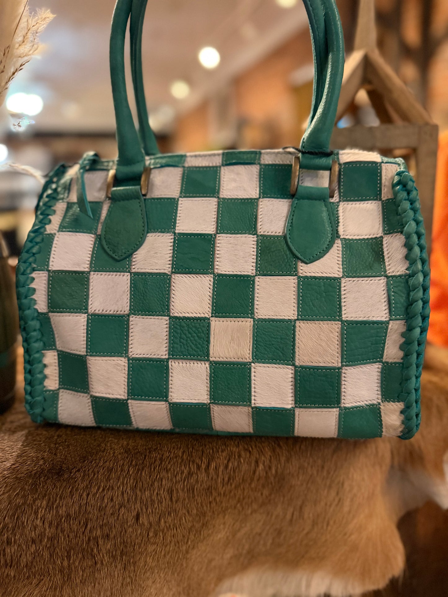Teal & White Cowhide Leather-Speedy Bag