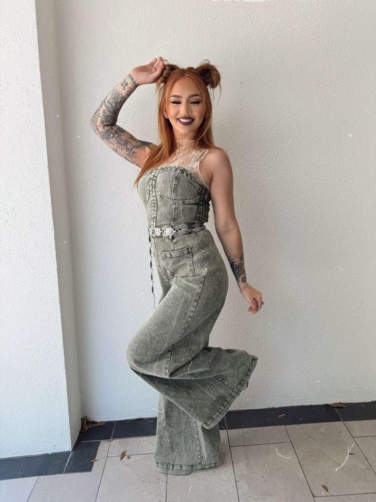 Rustic Charm - Olive Denim Jumpsuit