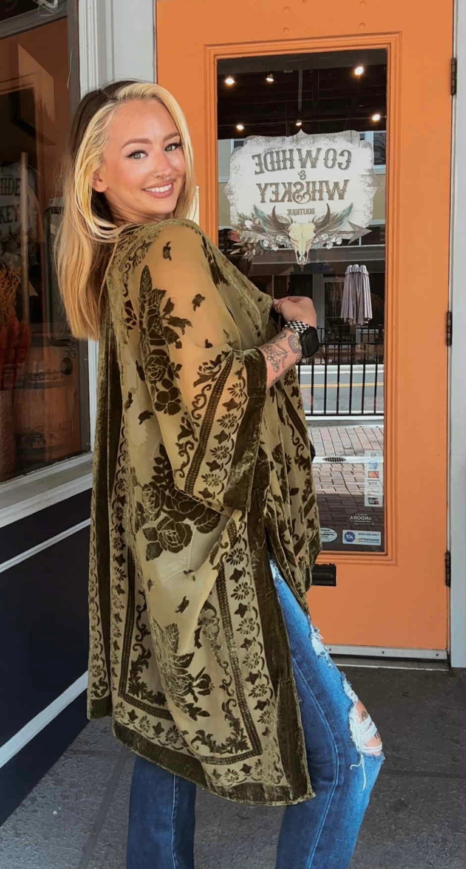 Velvet Antler - Burn Out Olive Kimono