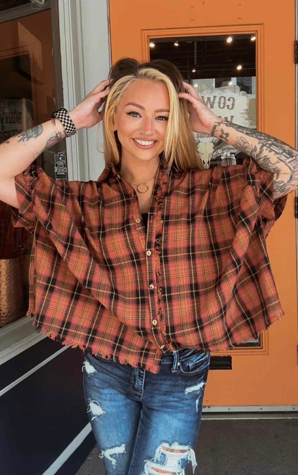 Carmel Apple - Dark Rose Dolman Flannel Top