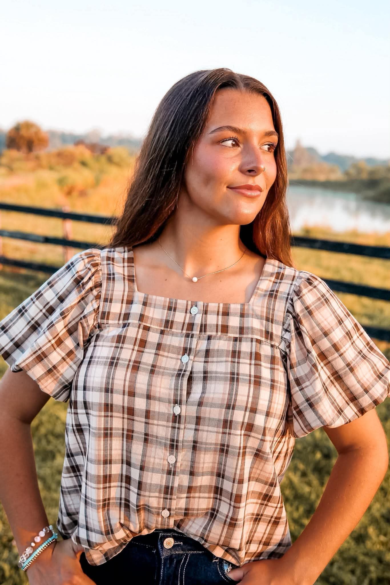 Tobacco Trail – Brown Plaid Bubble Sleeve Blouse