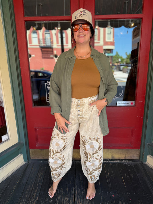 Rooted & Free – Sand Embroidered Jogger Pants