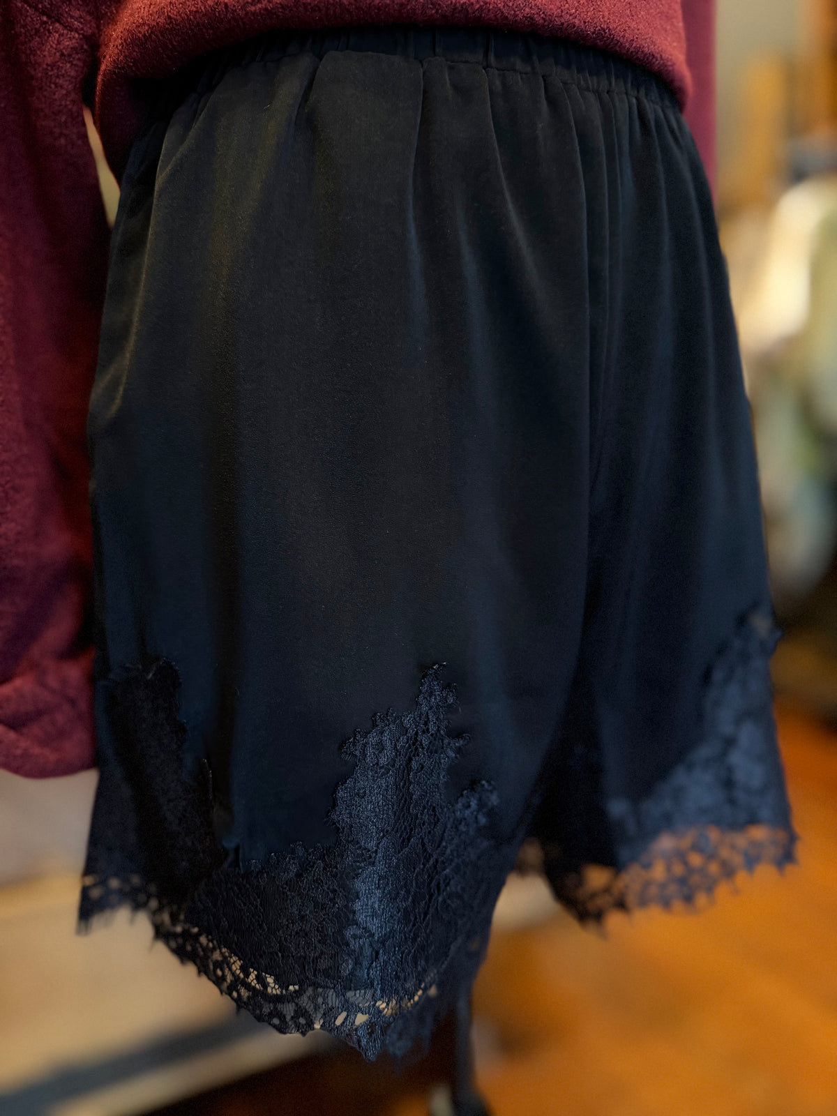 Satin Sweetheart – Black Satin Lace-Trim Shorts