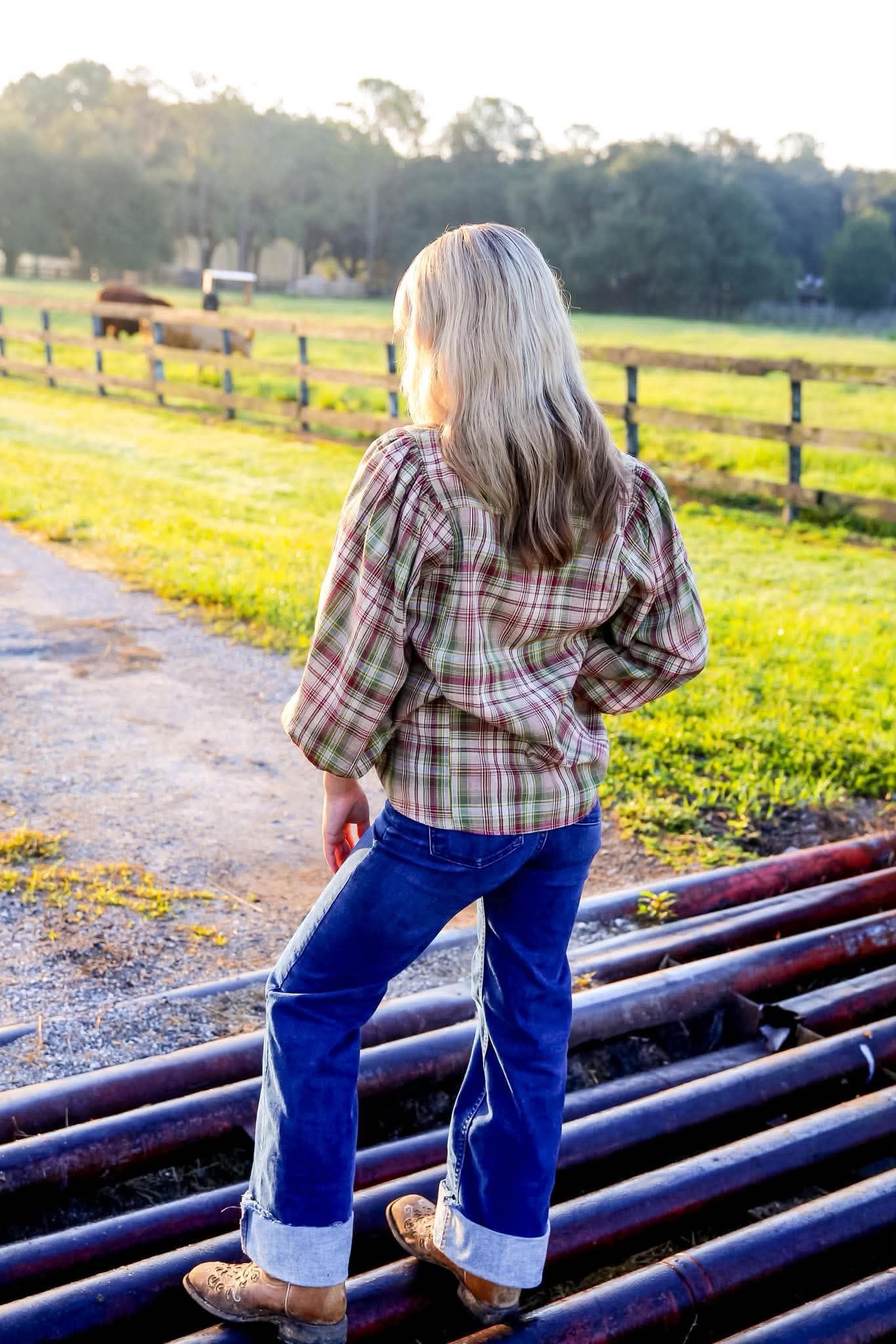 Apple Harvest – Green Puff Sleeve Plaid Top