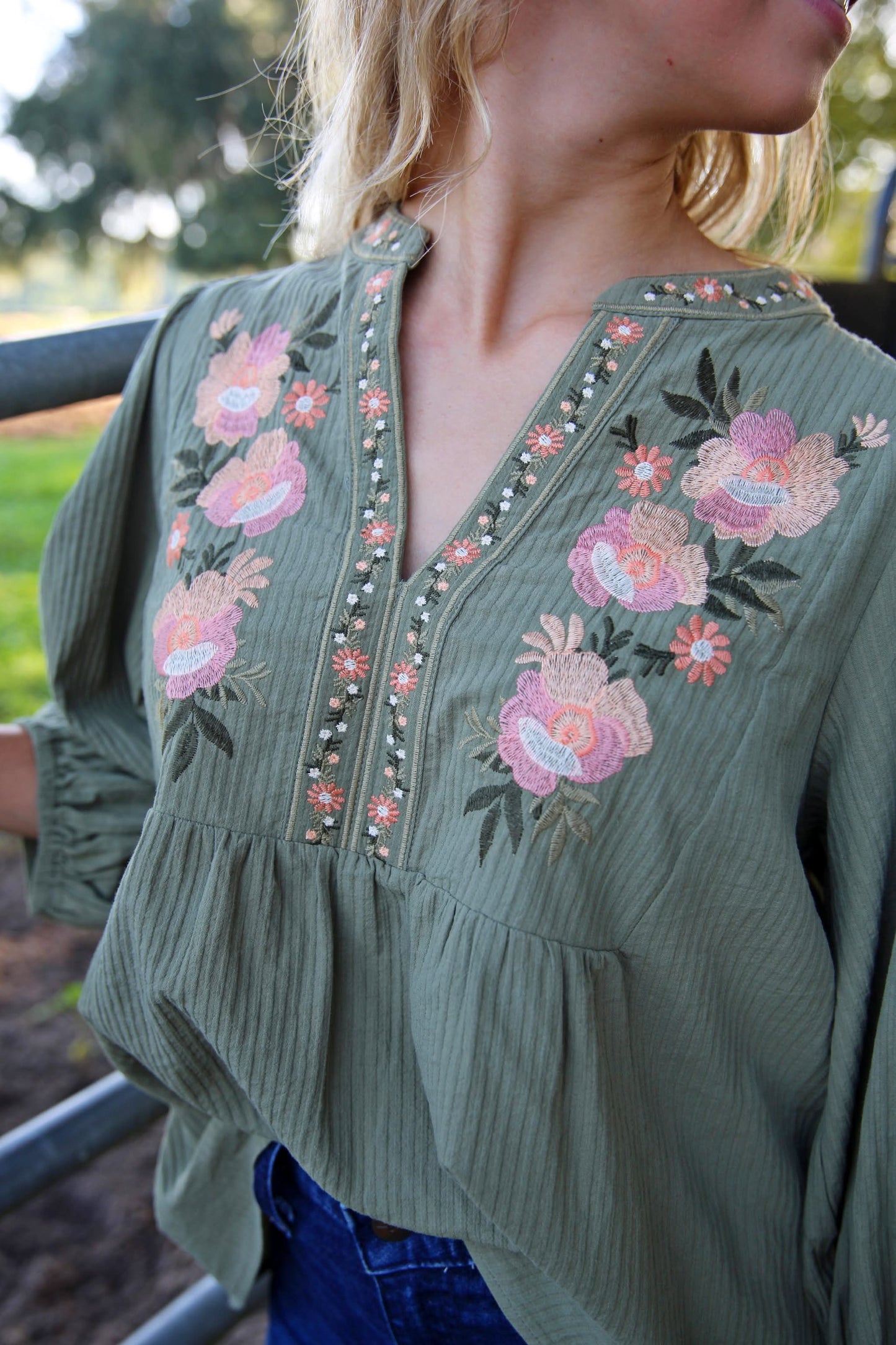 Autumn Wildflower – Olive Embroidered Blouse