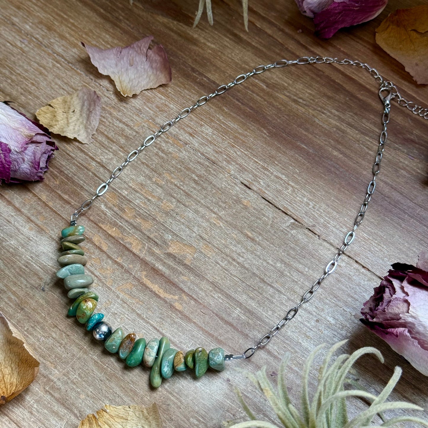 16.5” Green Turquoise Nugget Necklace – Sterling Silver & Paperclip Chain