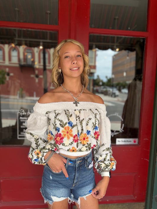 Laced in Bloom – White Off Shoulder Floral Top