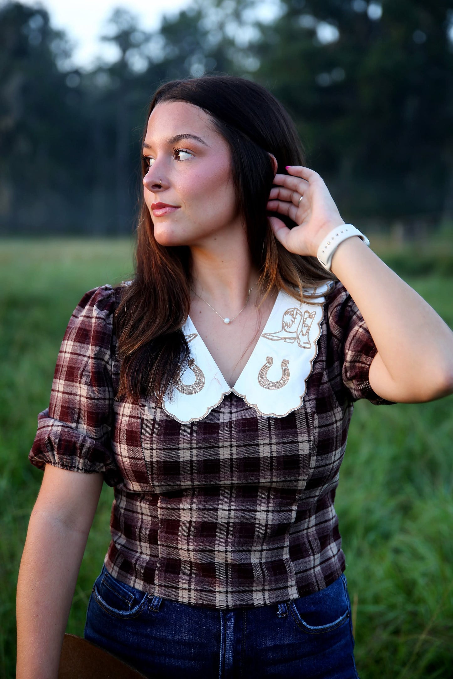 Rustic Saddle – Brown Plaid Peter Pan Collar Top