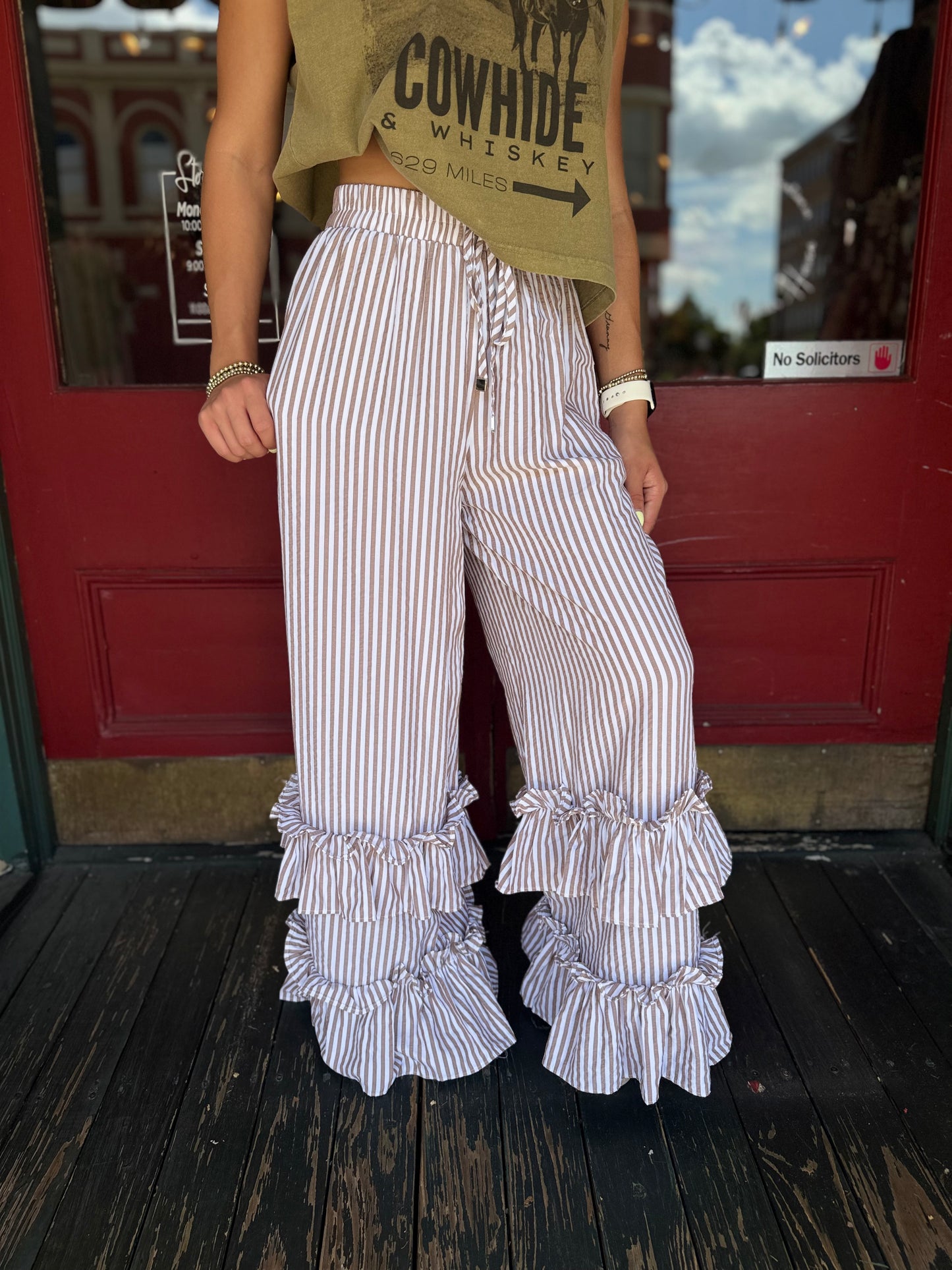 Ruffle River – Taupe Striped Pant