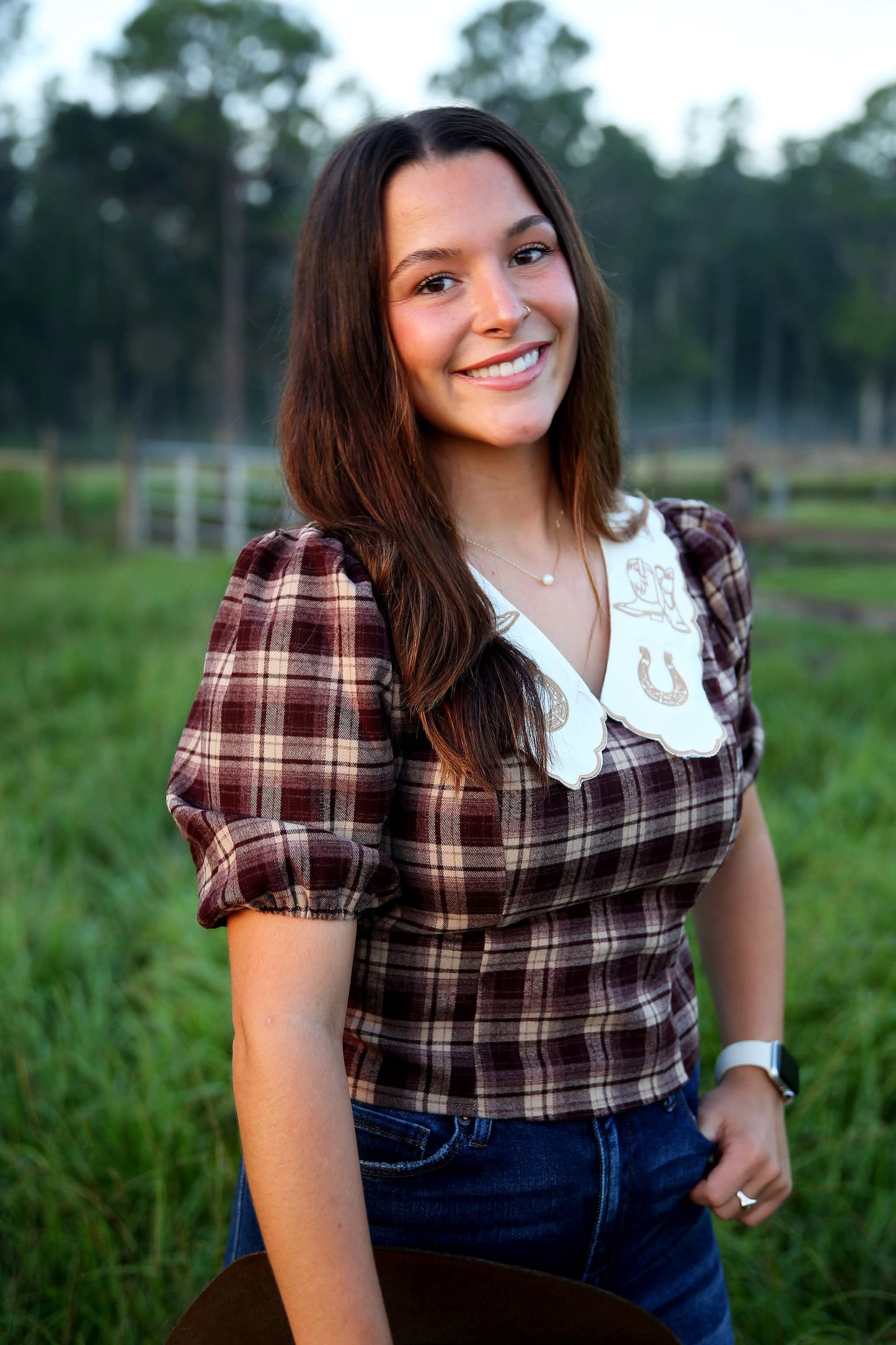 Rustic Saddle – Brown Plaid Peter Pan Collar Top