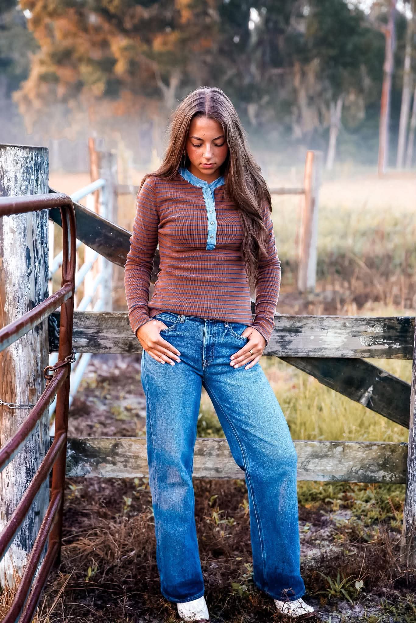Rust & Denim – Striped Henley Top