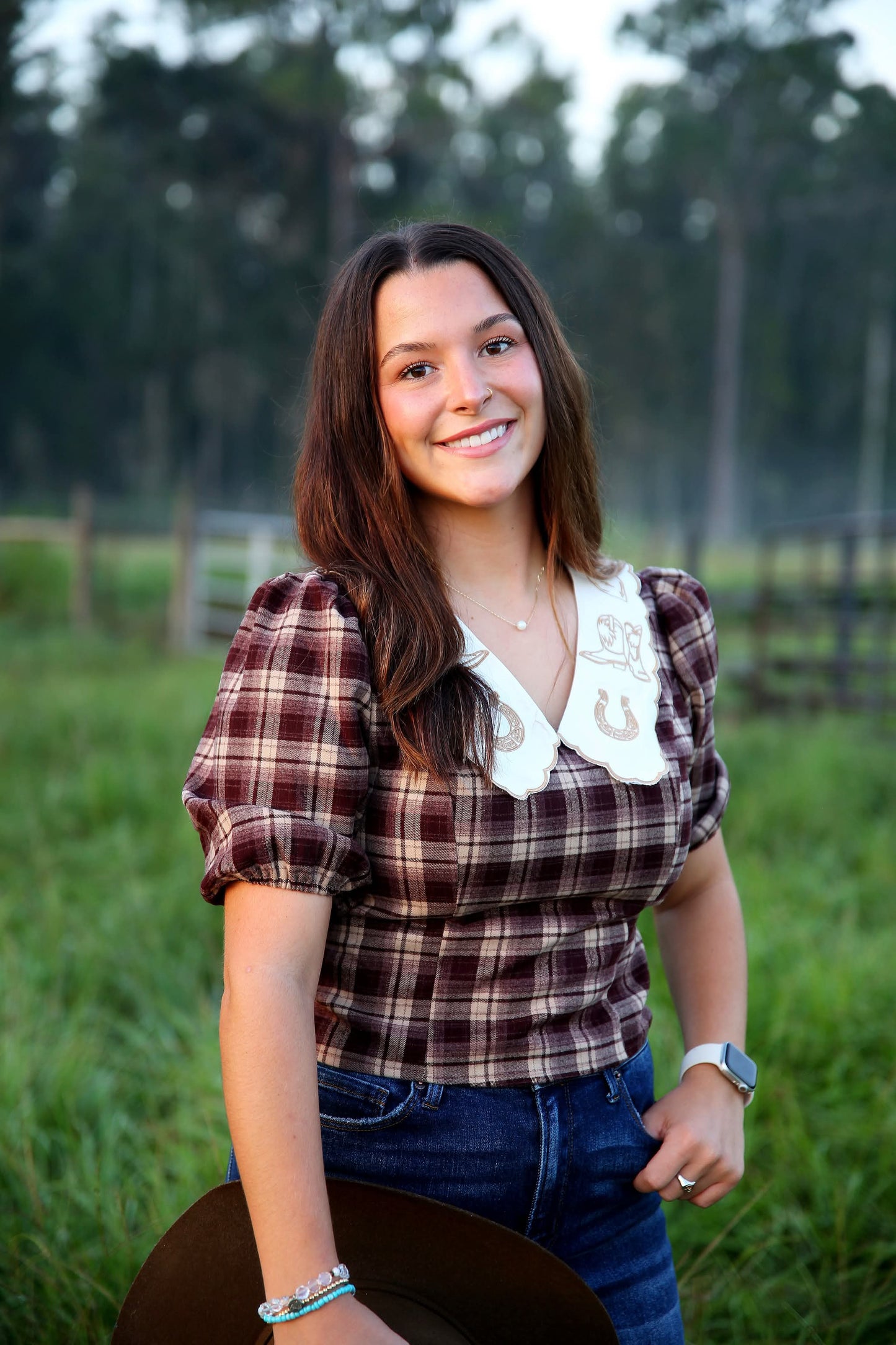 Rustic Saddle – Brown Plaid Peter Pan Collar Top