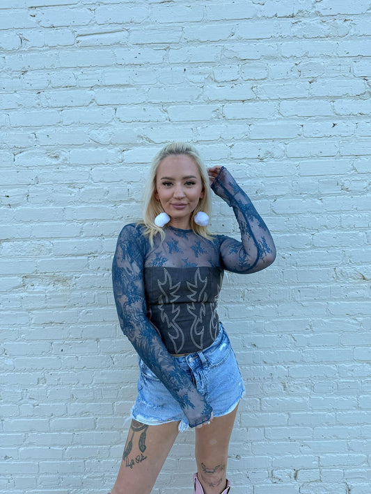 Flying Floral Mesh - Deep Teal Top