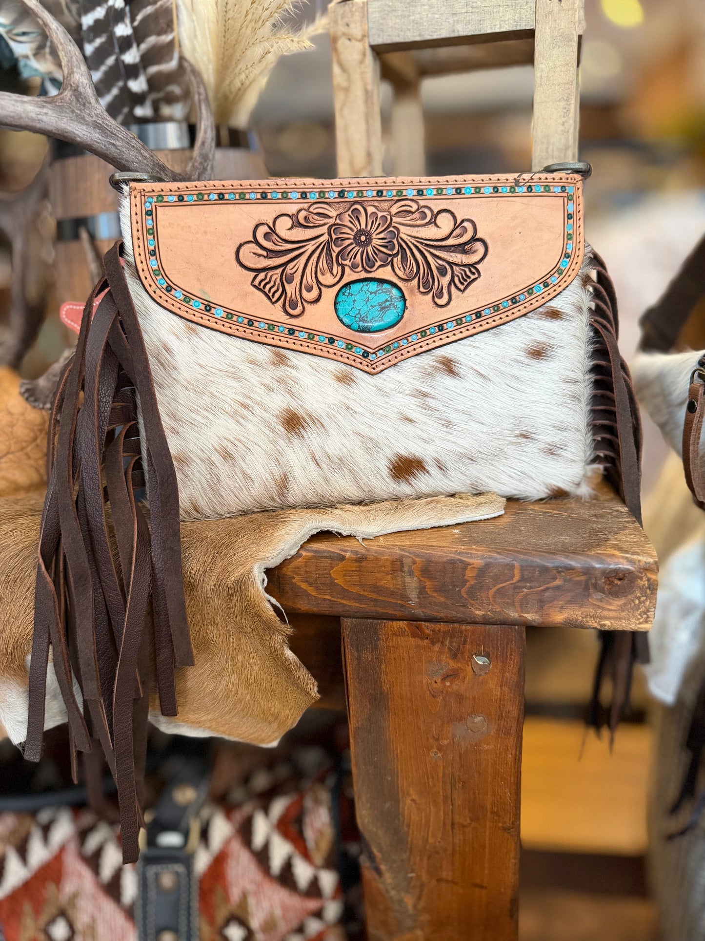 Turquoise Leather & Cowhide - Fringe Crossbody