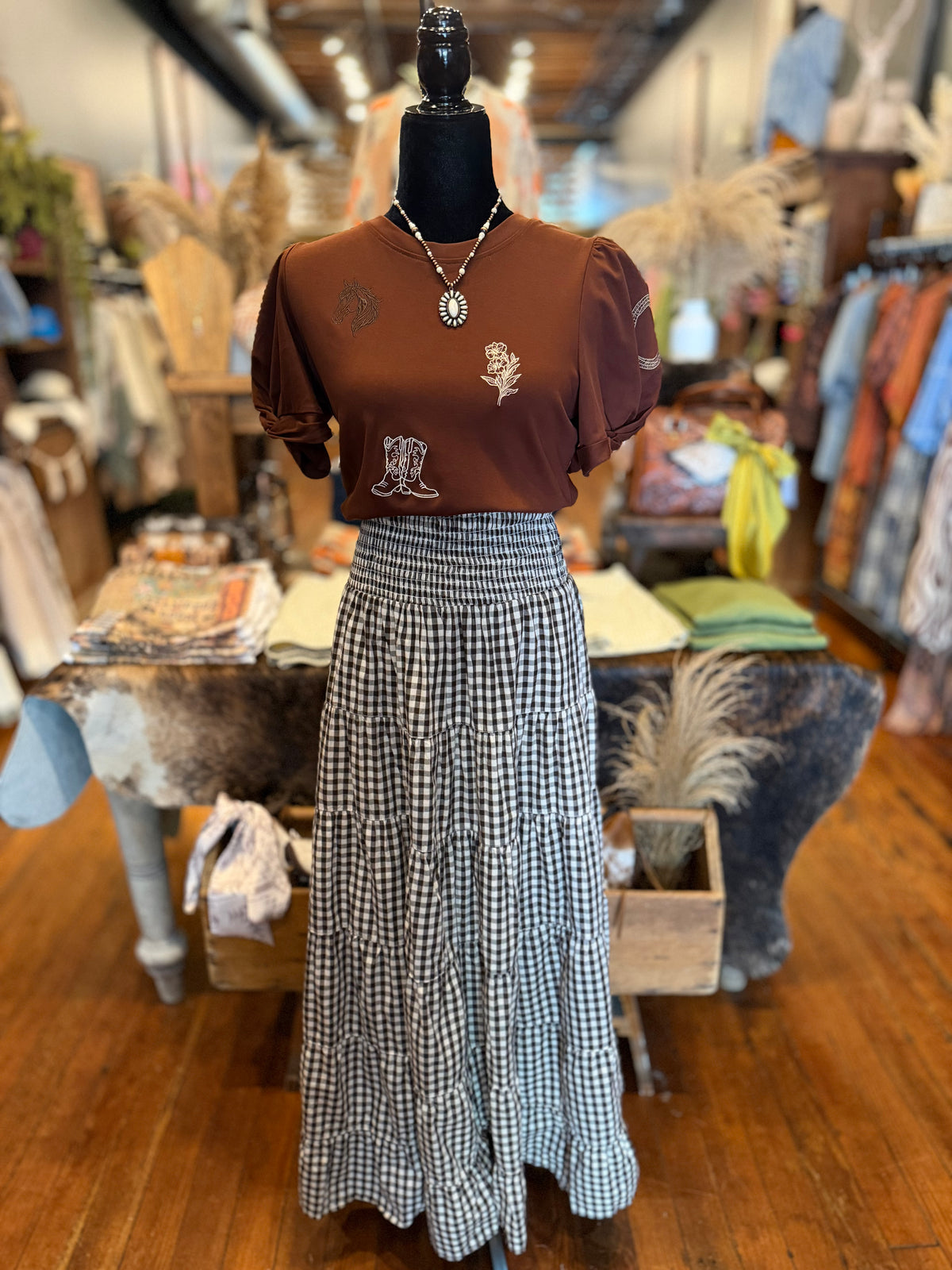 Raised in the Holler – Ivory Gingham Maxi Skirt