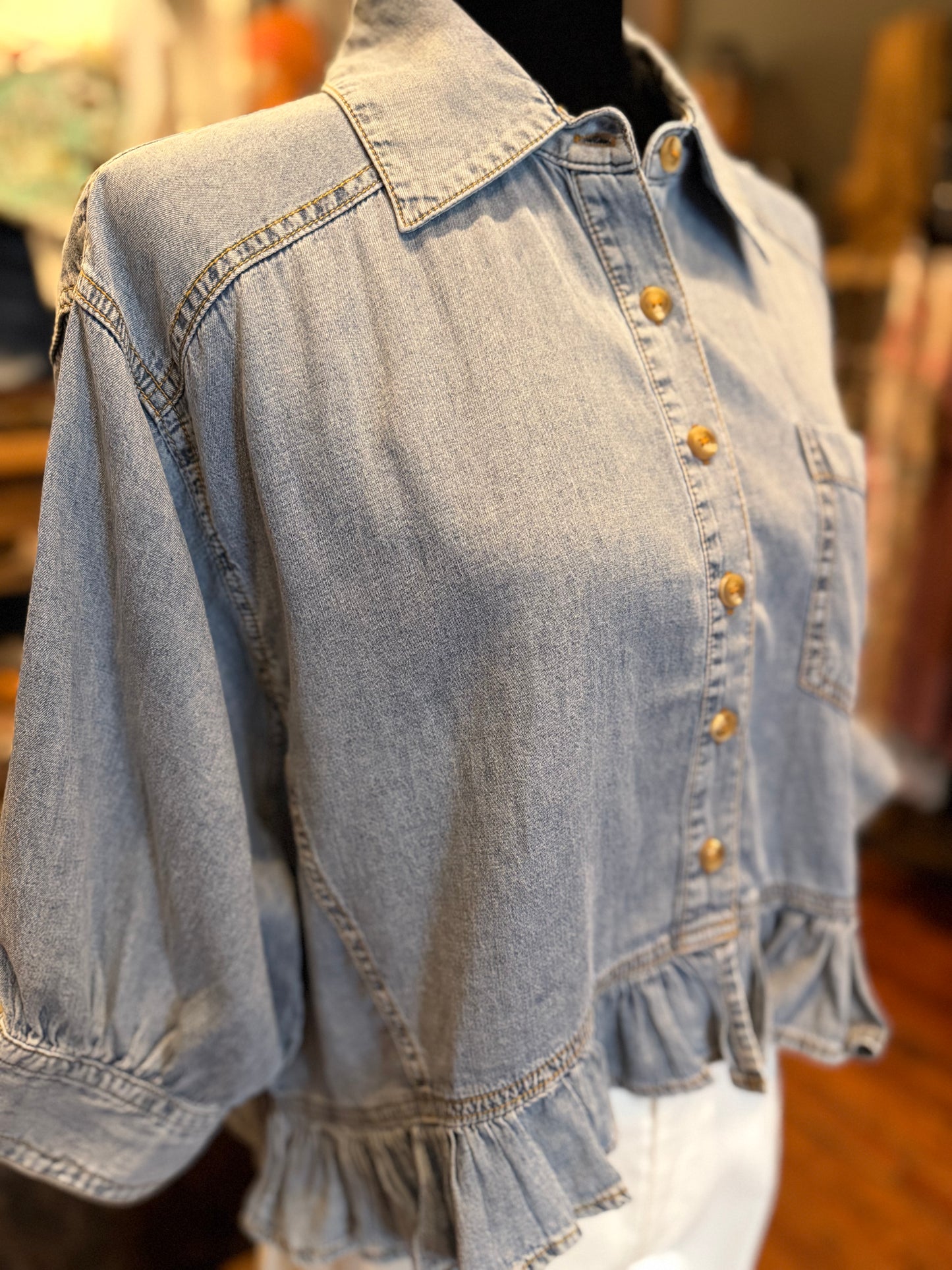 Skyline Horizon – Denim Ruffle Hem Top