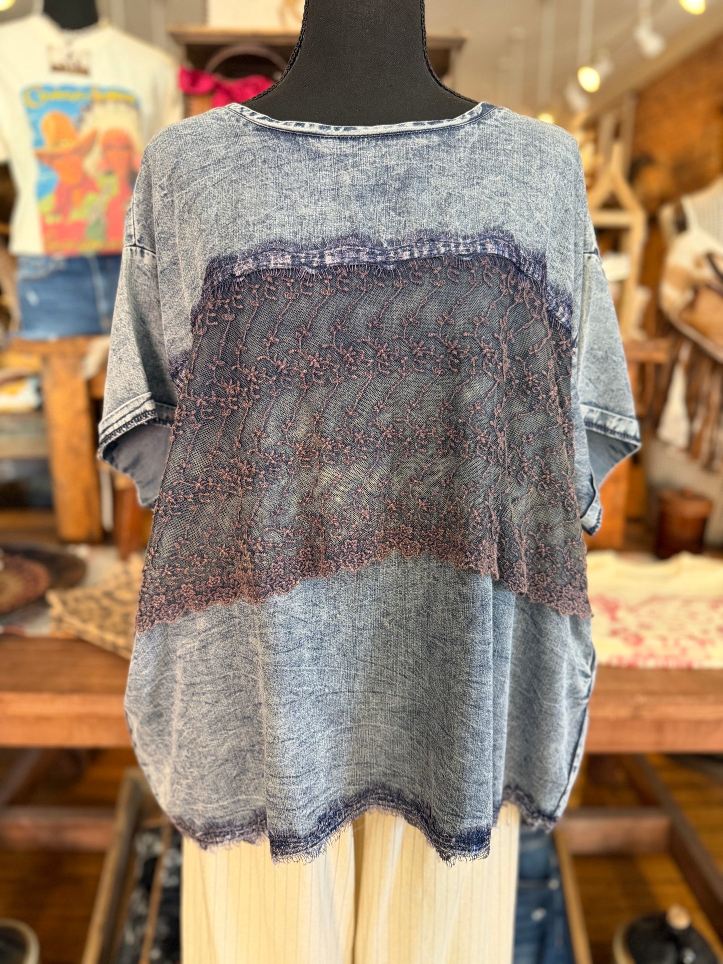 Twilight Romance – Denim Embroidered Lace Top