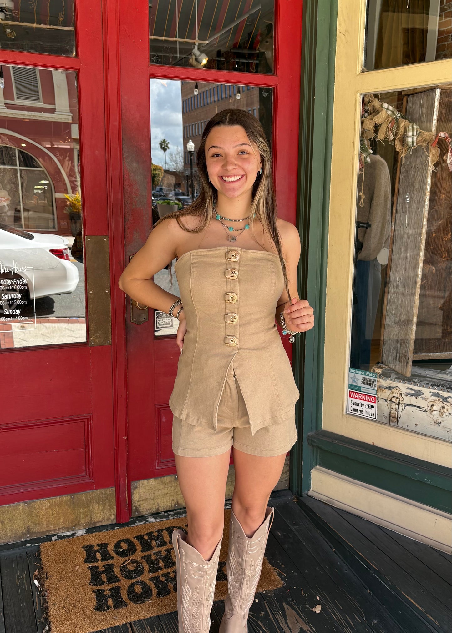 Cinch Me In Gold-Tan Buckle Top