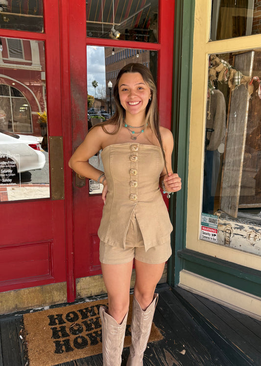 Cinch Me In Gold-Tan Buckle Top