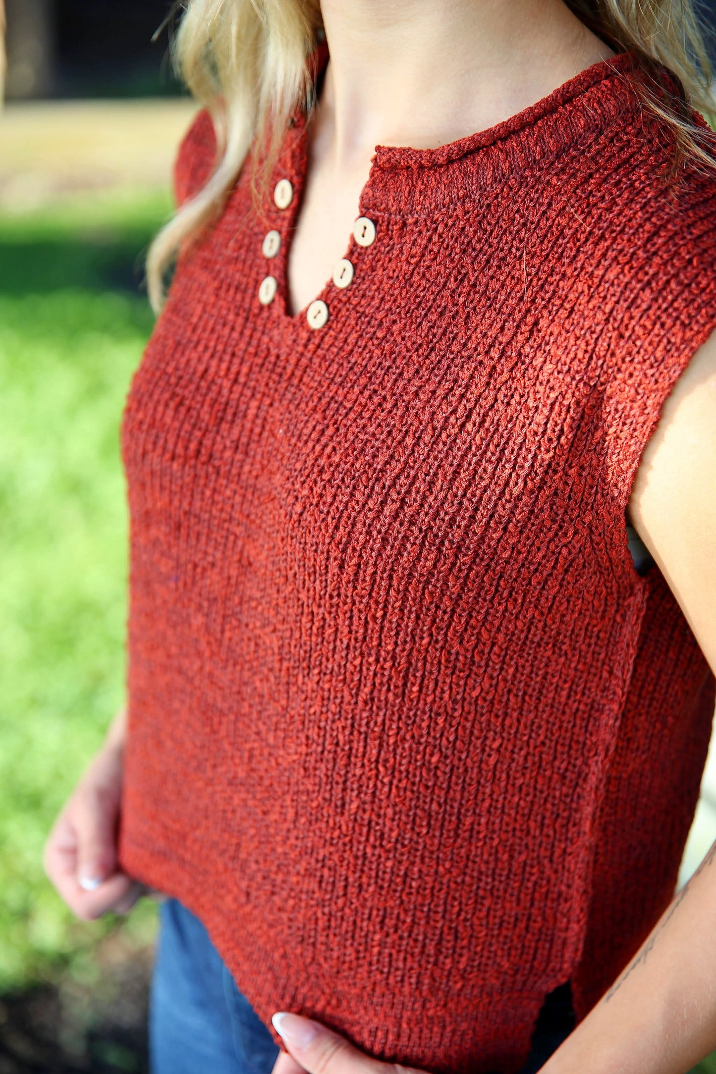 Worn & Woven – Spiced Rust Split Neck Sweater Vest