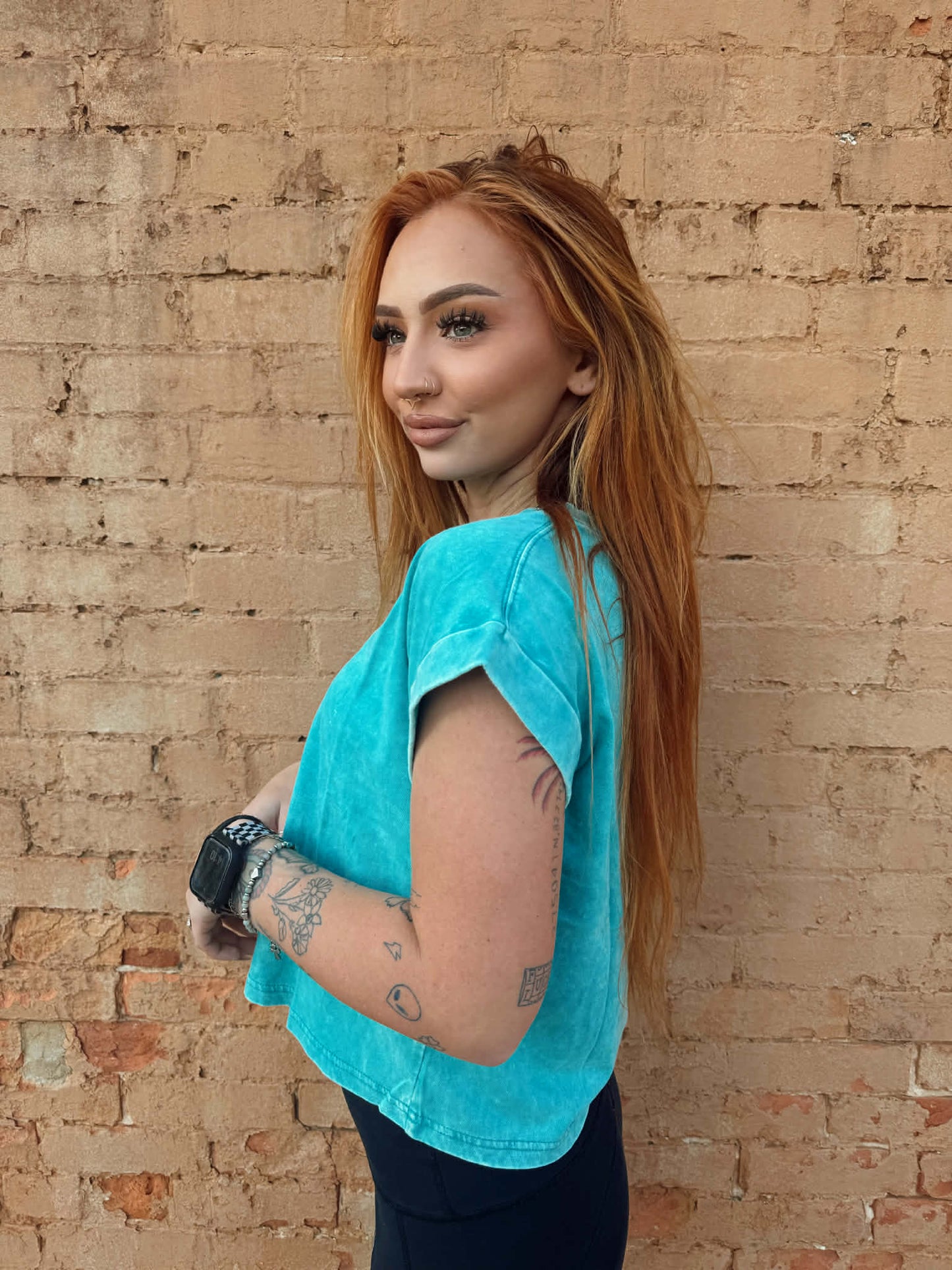 Washed Cotton Cuffed Short Sleeve Top - Teal *Door Buster*