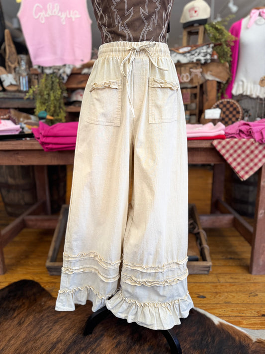 Sagebrush Ivory – Ruffle Trim Mineral Wash Wide Leg Pants