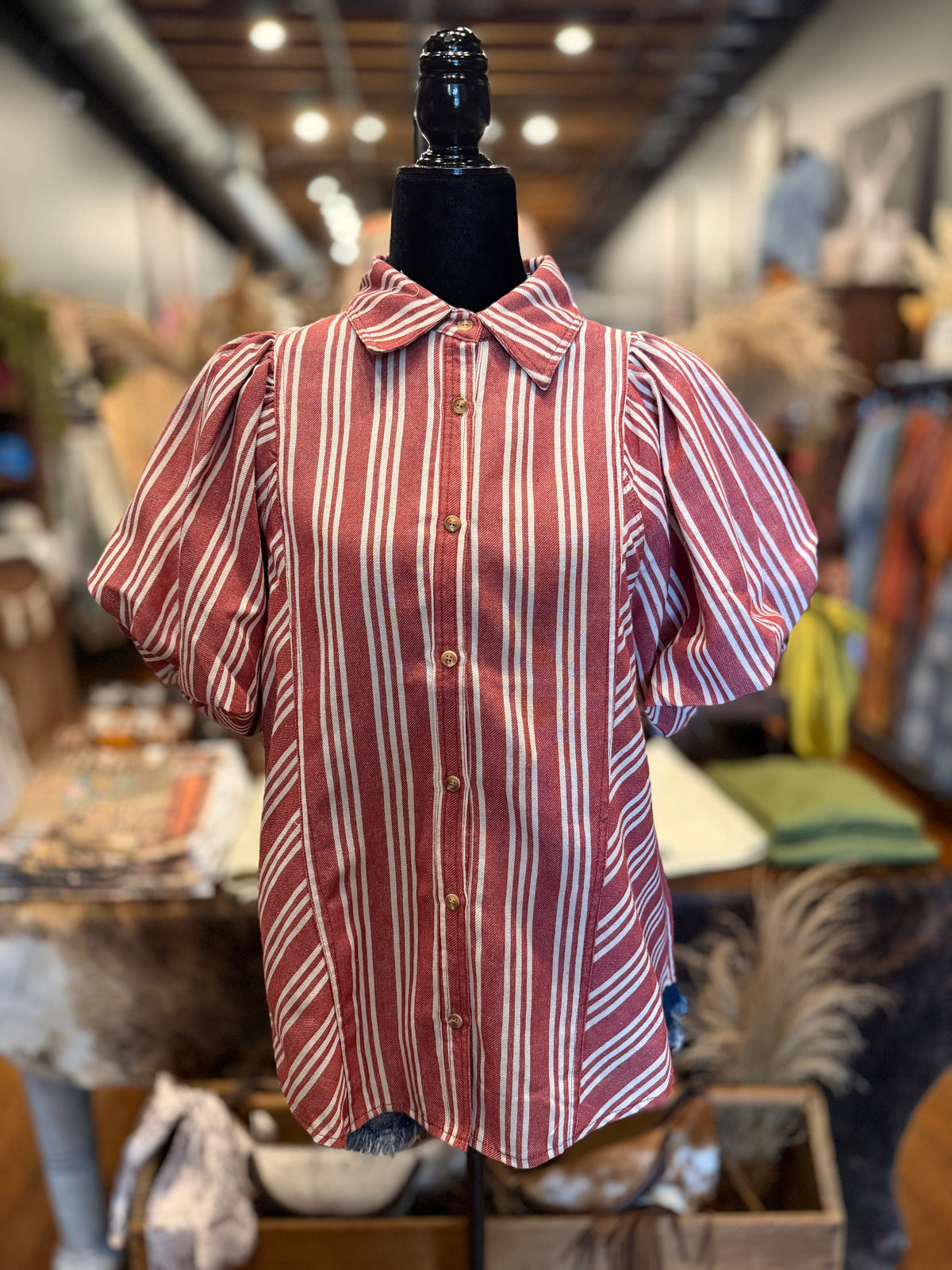 Redwood Stripe – Puff Sleeve Button Down