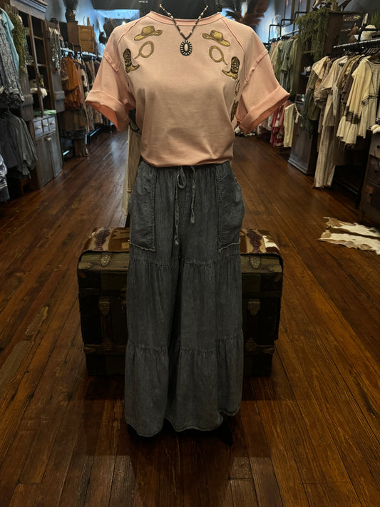 Blue Willow – Denim Wide Leg Tiered Pants