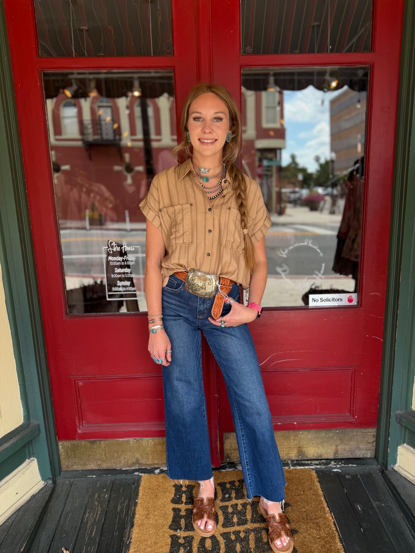 Brassline Hollow - Tan Striped Button Top