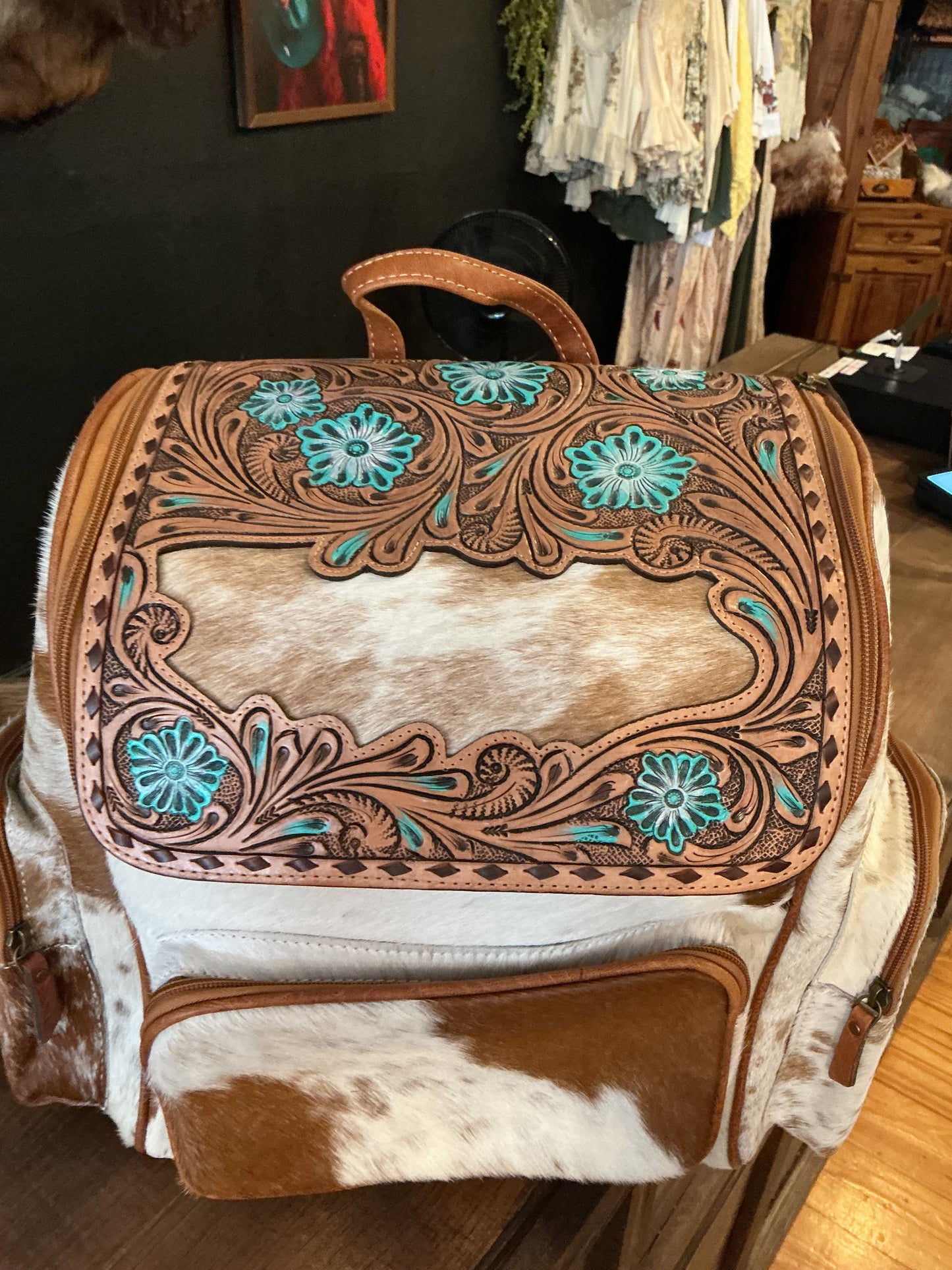 Cowhide & Turquoise Tooled Leather Backpack