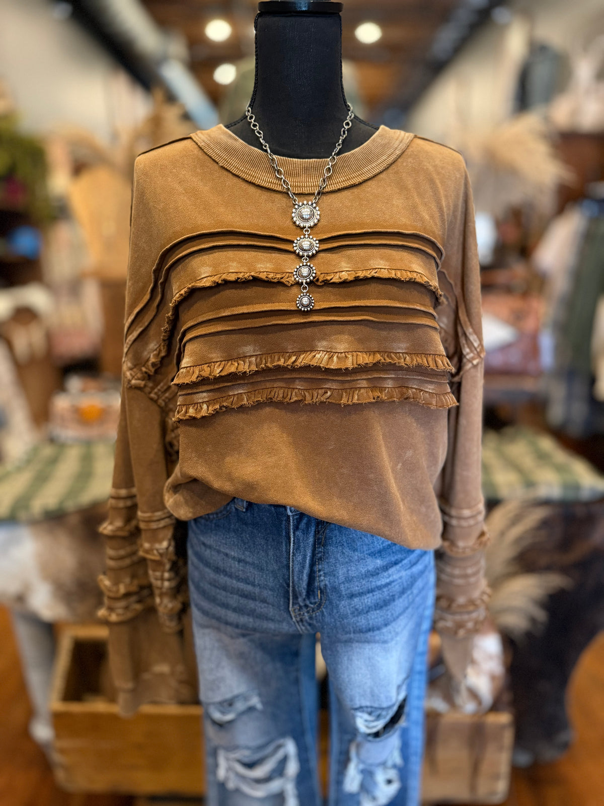 Toasted Honey – Golden Brown Mineral Wash Long Sleeve Top