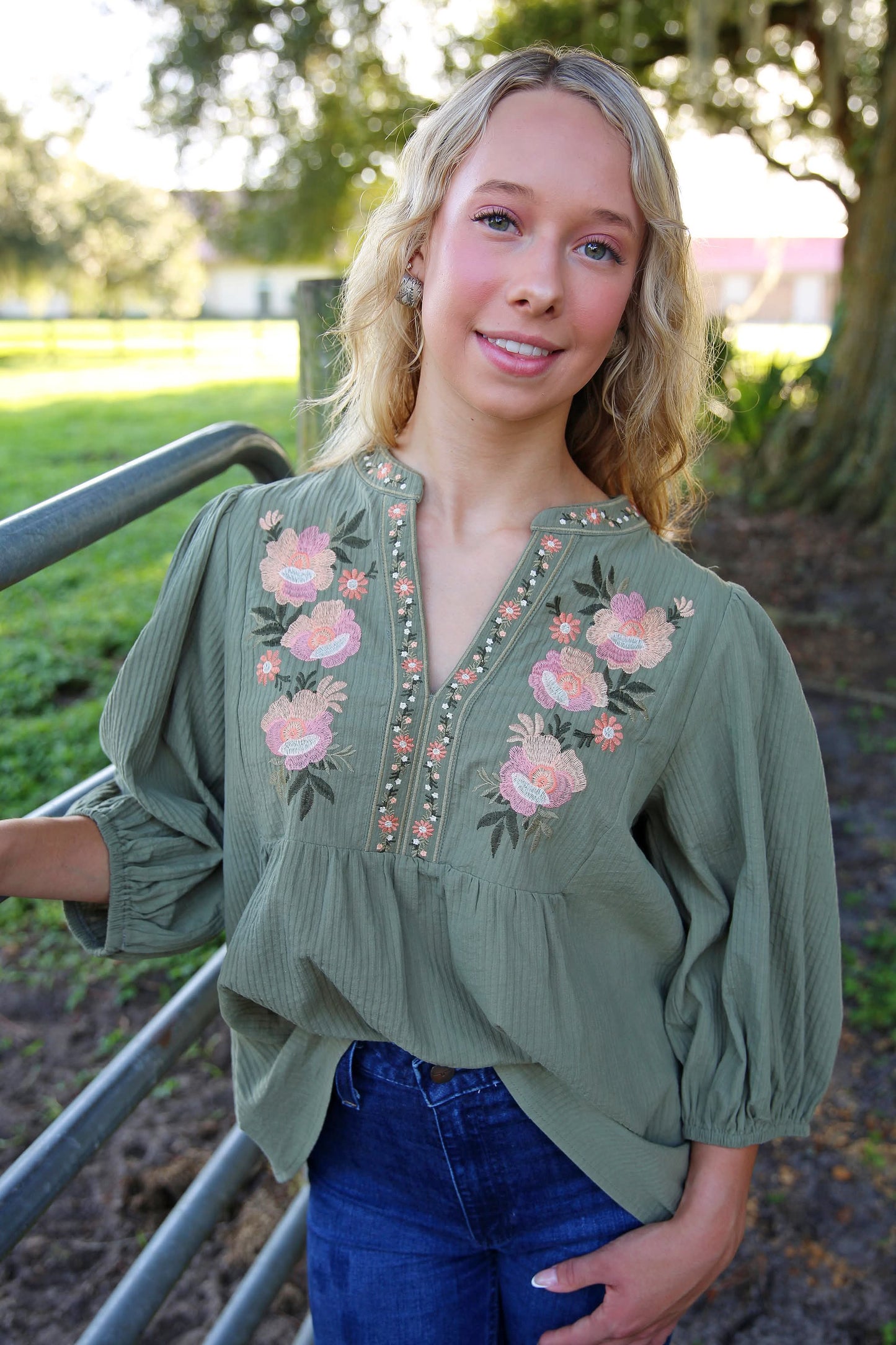 Autumn Wildflower – Olive Embroidered Blouse