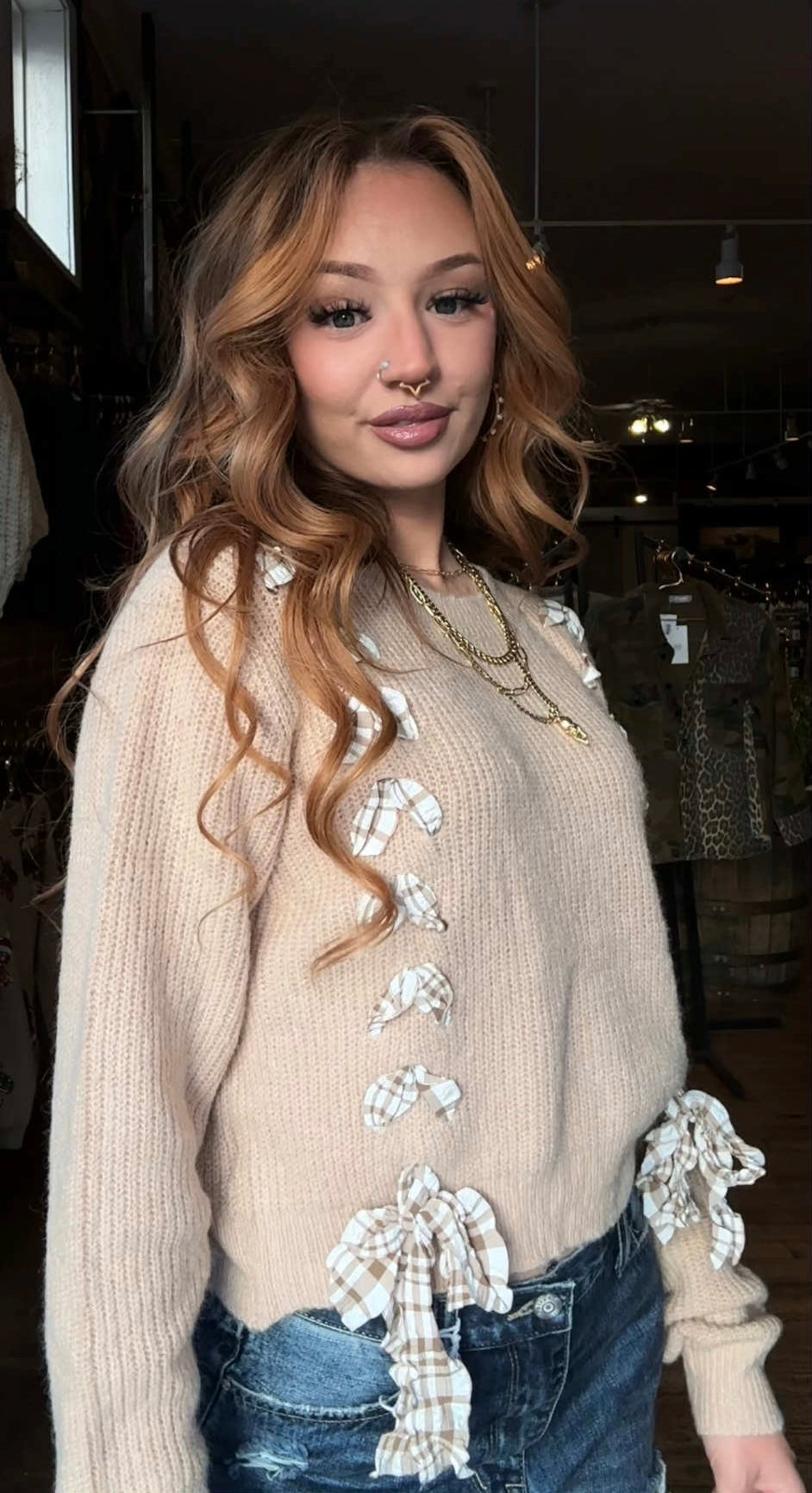 Cozy Lace Up - Tan Sweater Top