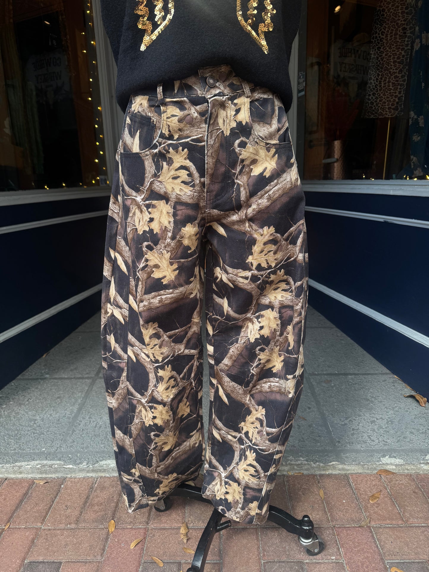 Midnight Timber – Black Camo Barrel Jeans