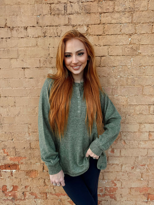 Oversized Henley Sweater - Olive *Door Buster*
