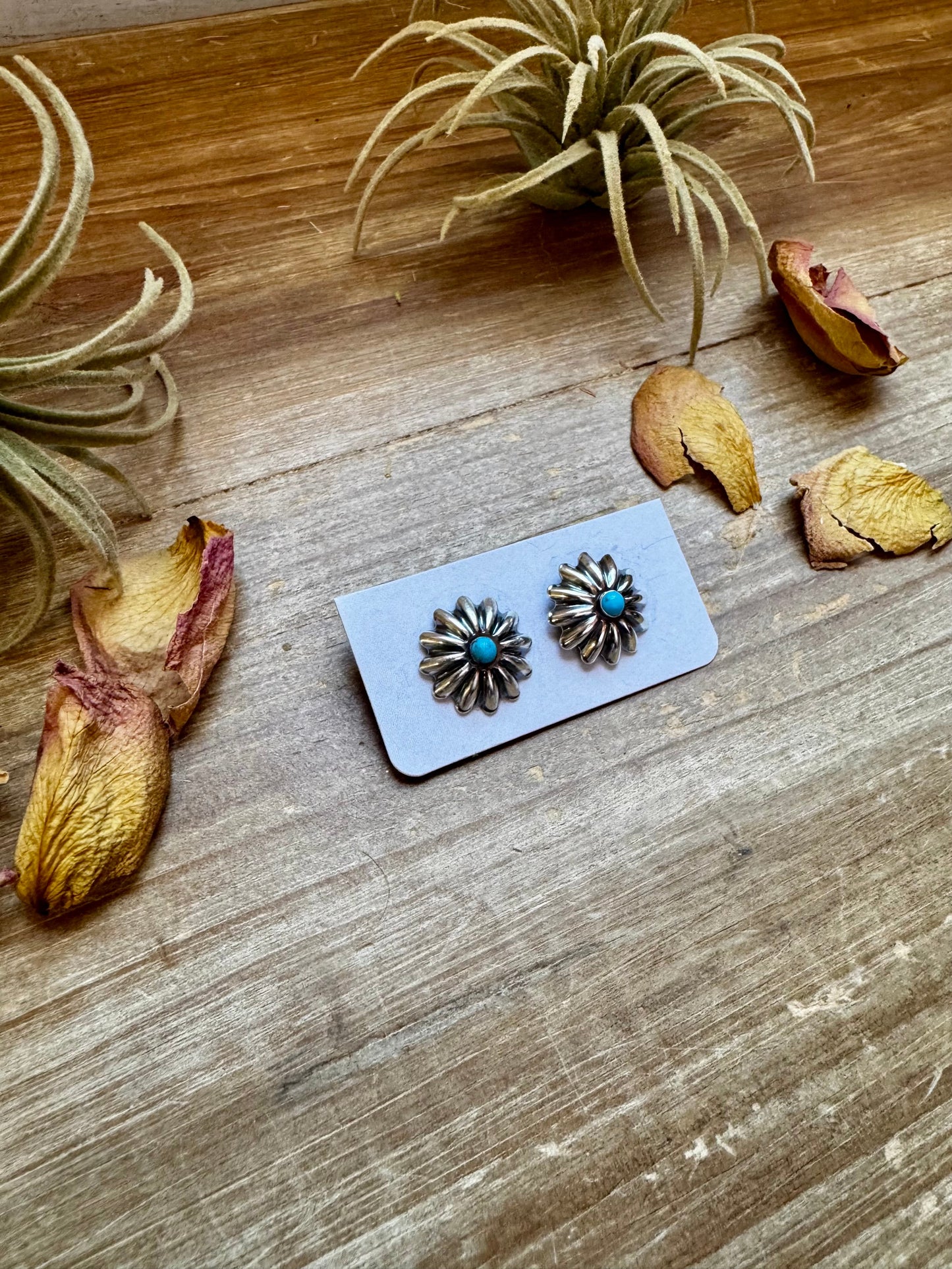 Small Sterling Silver Concho Earrings with Kingman Turquoise – Made in the USA