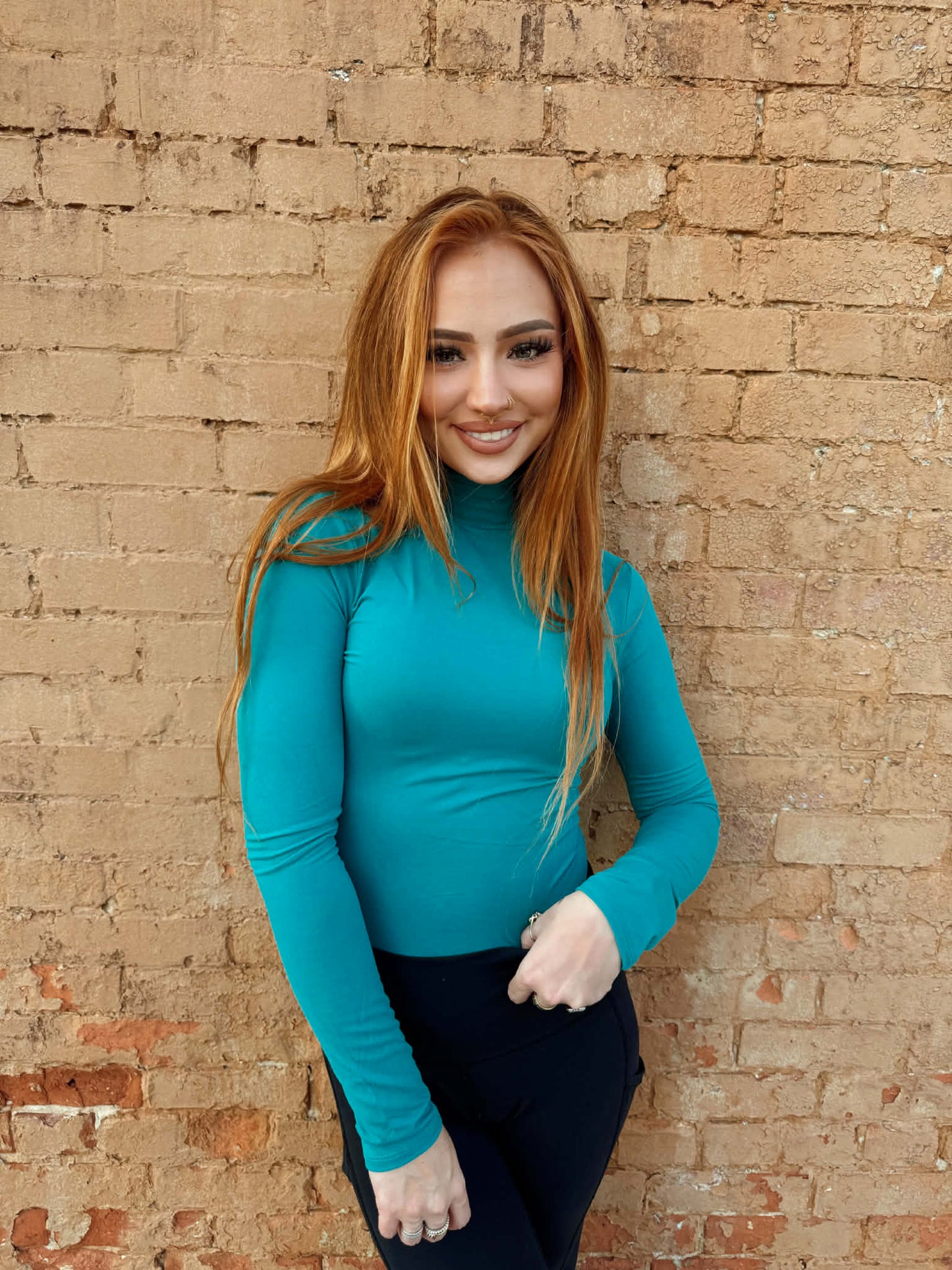 Mock Neck Long Sleeve Bodysuit - Teal *Door Buster*