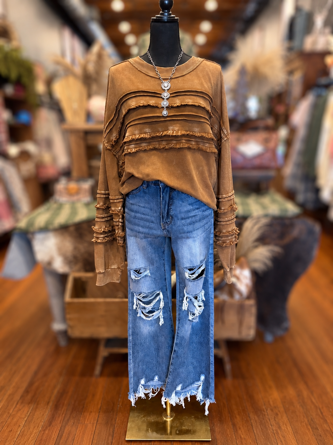 Toasted Honey – Golden Brown Mineral Wash Long Sleeve Top