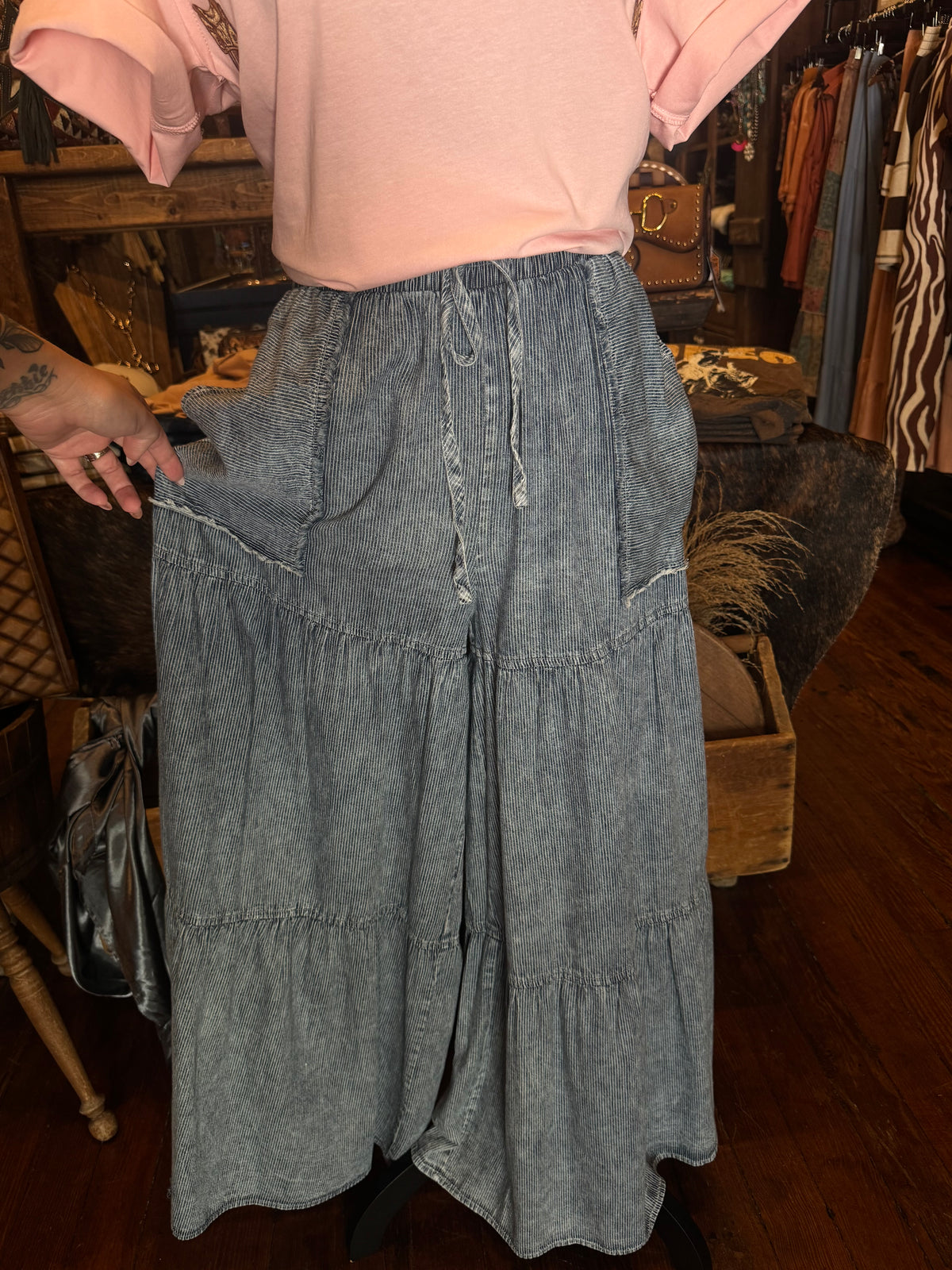 Blue Willow – Denim Wide Leg Tiered Pants