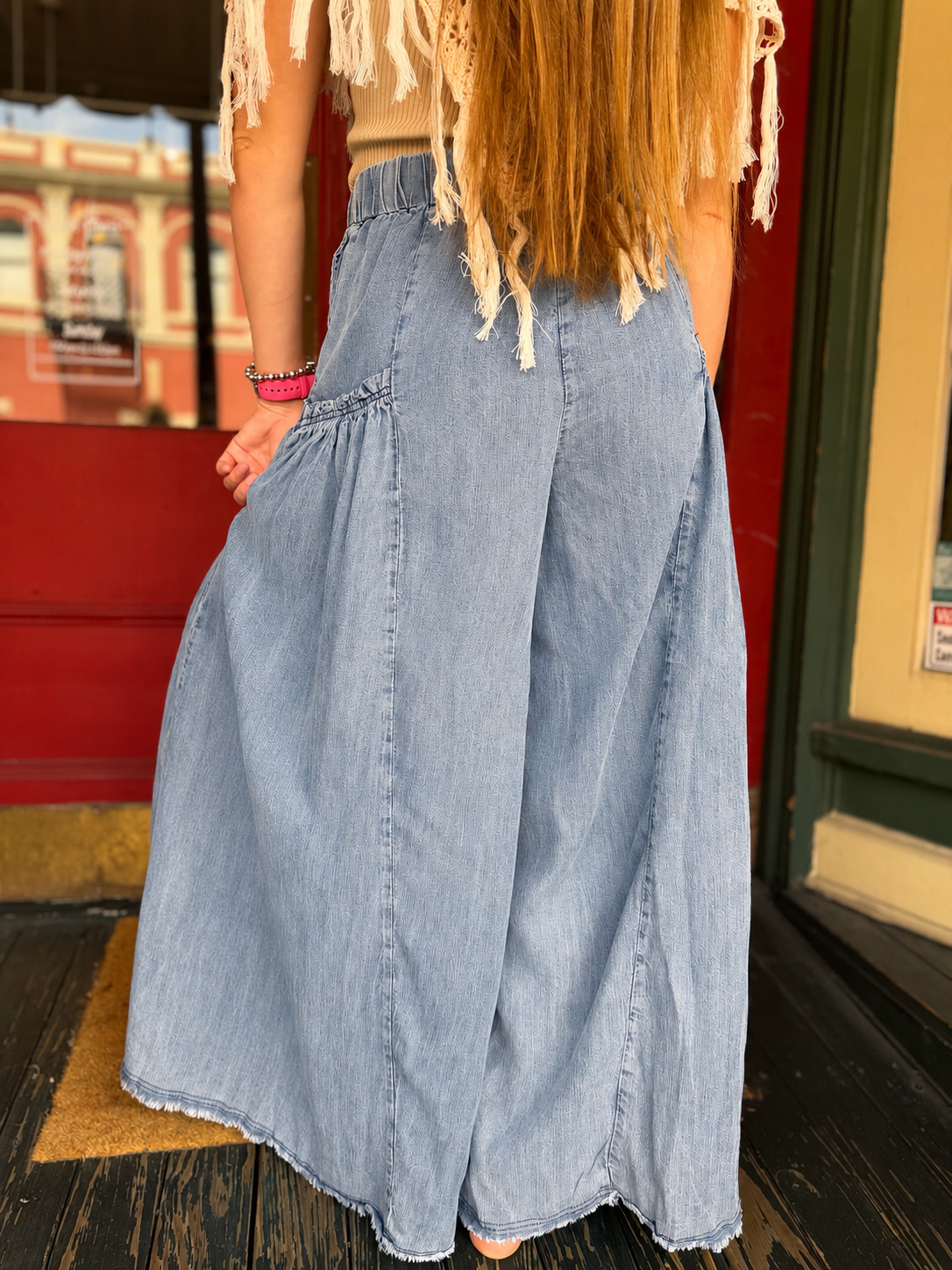 Blue Jean Baby – Denim Tiered Wide Leg Pants