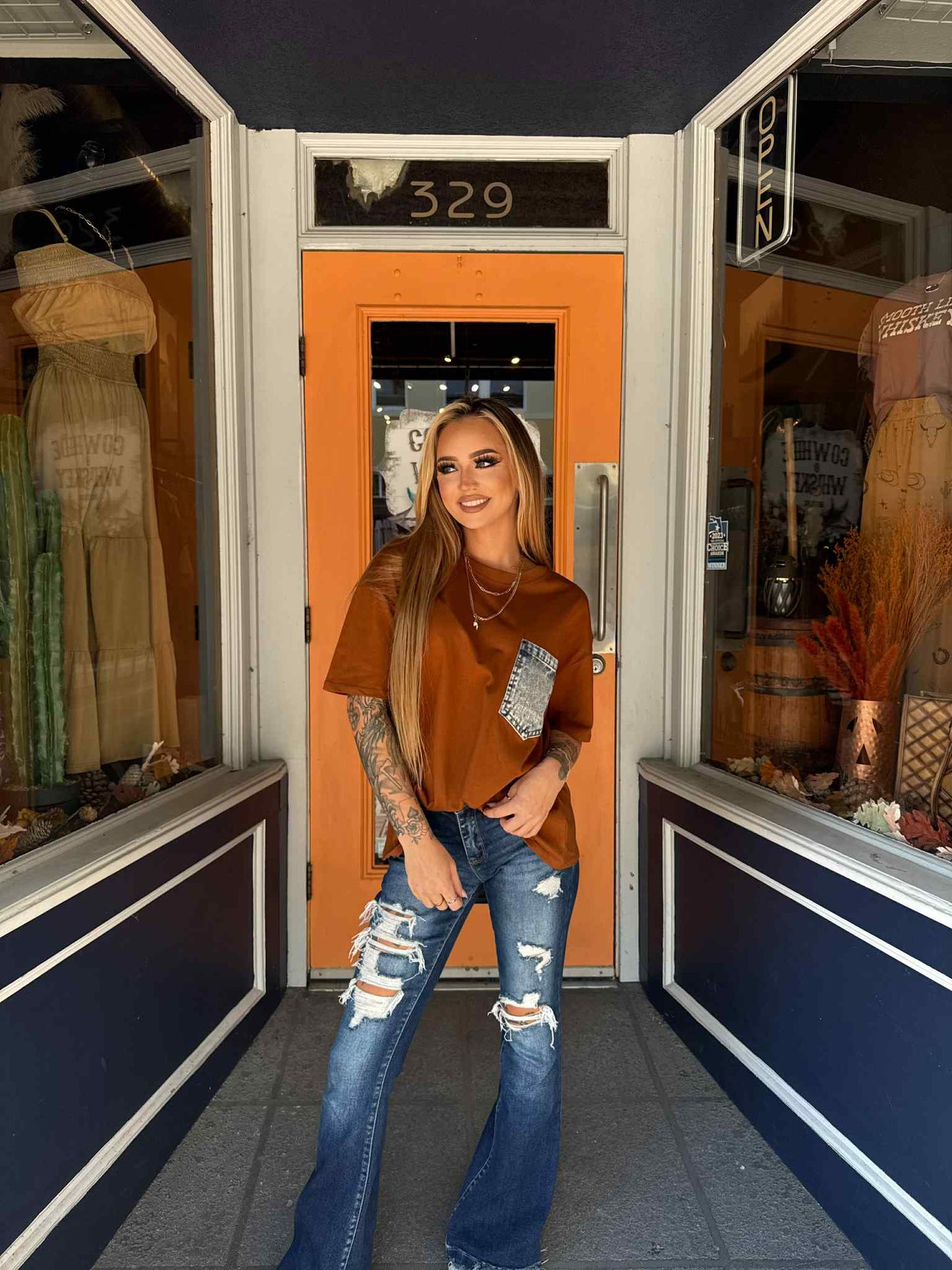 Denim Pocket Tee - Rust Top