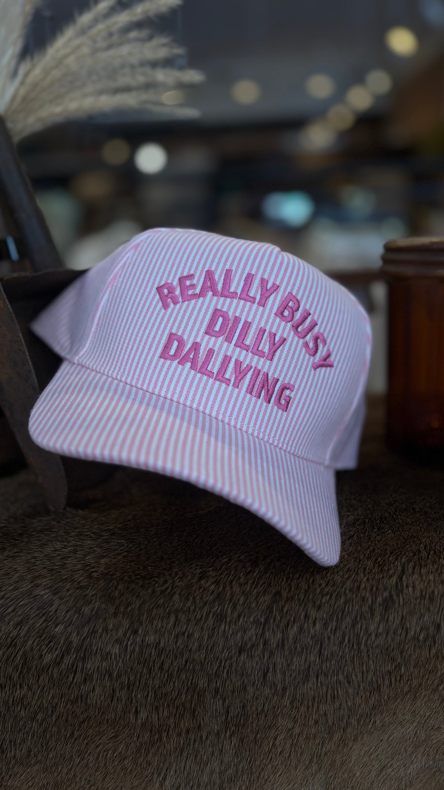 Really Busy Dilly Dallying-Pink Pin Stripe Trucker Hat