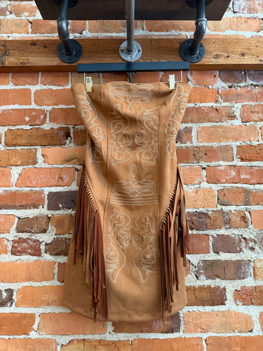 Rodeo Glow – Camel Fringe Mini Dress