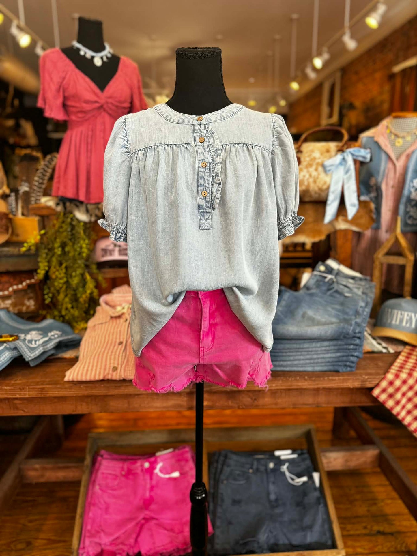 Skyline Ruffle – Denim Chambray Top
