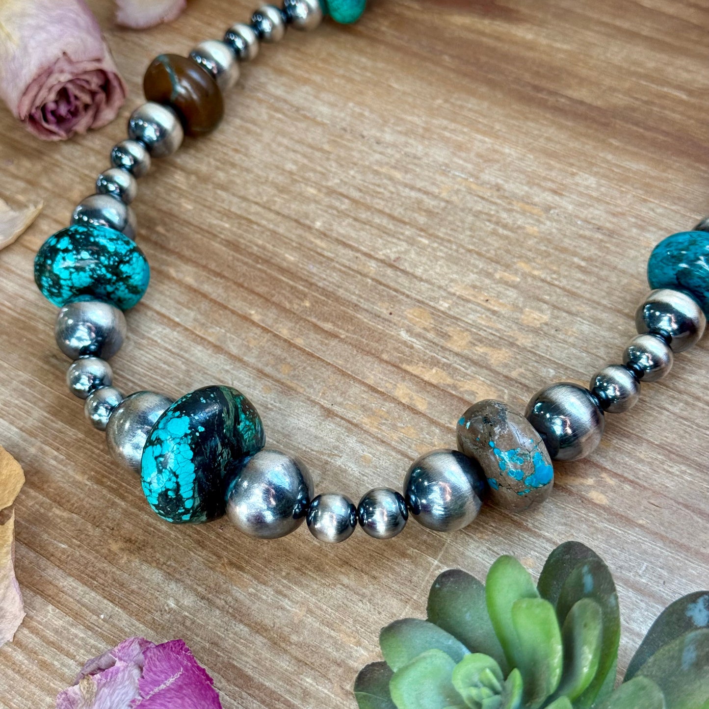 22” Massive Turquoise Rondelle Necklace – Sterling Silver Pearls